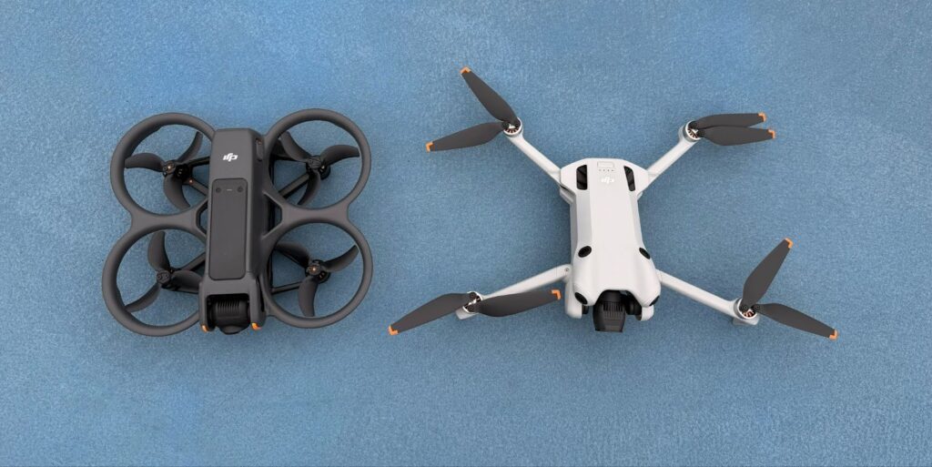 A top-down image of the DJI Avata 2 and a larger non-FPV DJI drone.