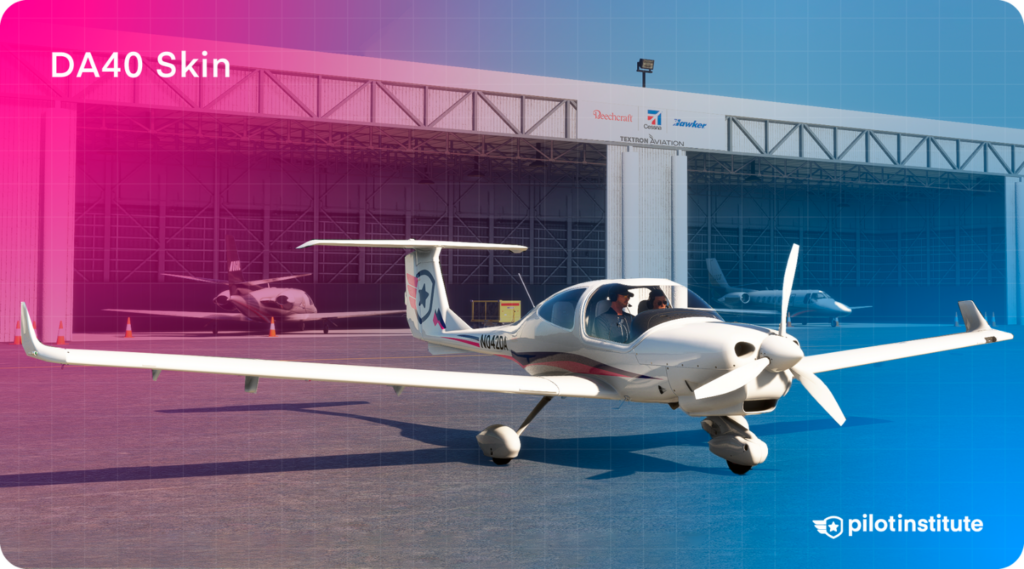 Graphic images of a 3D DA40 in front of a hangar