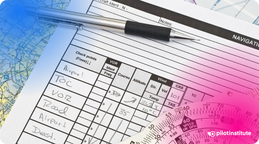 A navigation log with handwritten flight planning details, a sectional chart, an E6B flight computer, and a pen.