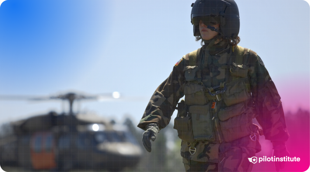 Military personnel in camouflage gear and helmet walking near a helicopter.