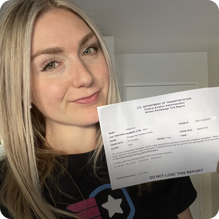 Vanessa, who got 92% on her FAA Private Pilot written exam.