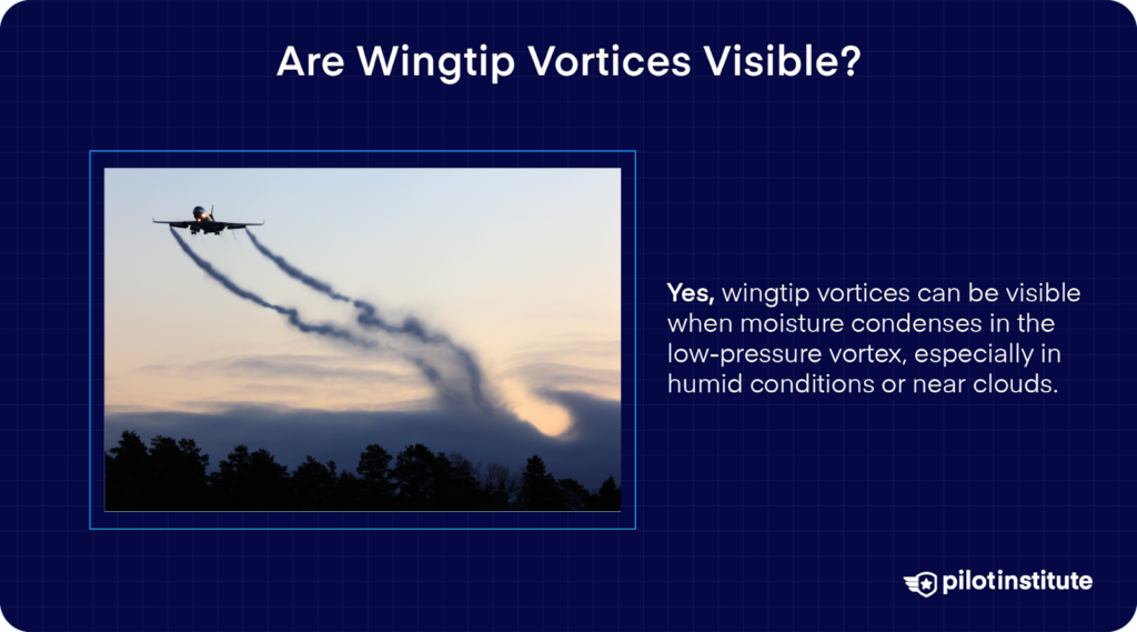 Jet aircraft flying with visible wingtip vortices trailing behind in a humid sky.