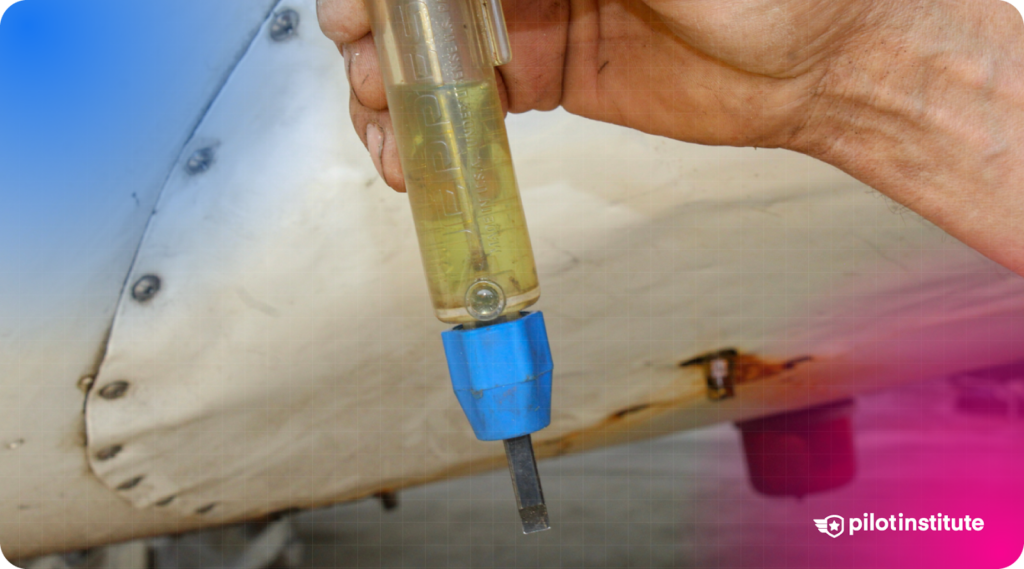 Hand holding a fuel tester to sample avgas from an aircraft fuel drain.