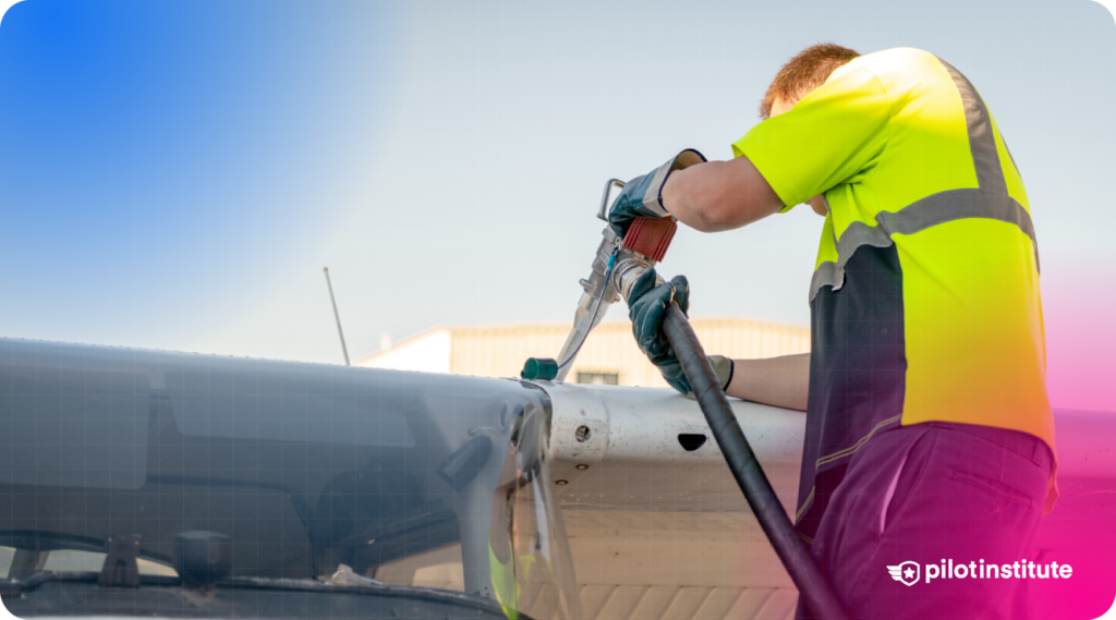 Ground crew member refueling a small aircraft wing using a fuel nozzle.