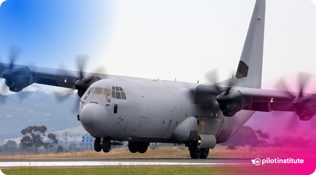Military transport aircraft, likely a Lockheed C-130 Hercules, landing or taking off with spinning propellers, captured in motion.