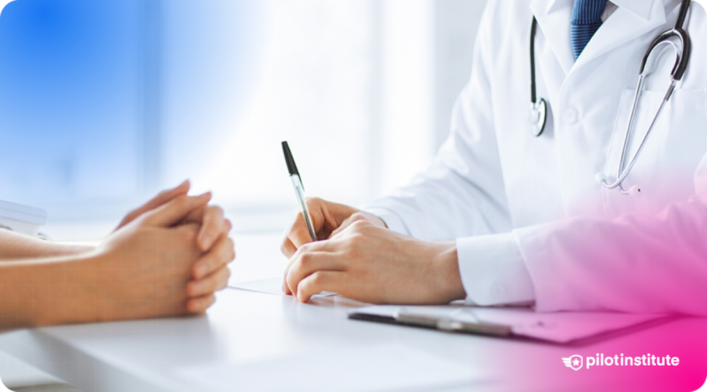 A photos of a doctor writing notes for a patient.