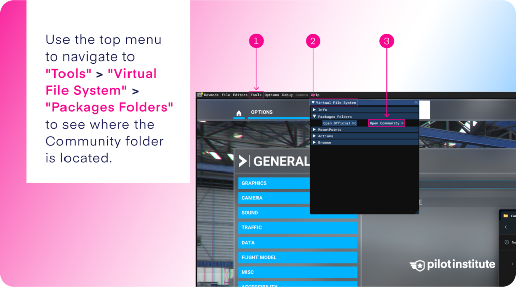 An infographic on how to find the community folder through the MSFS options.