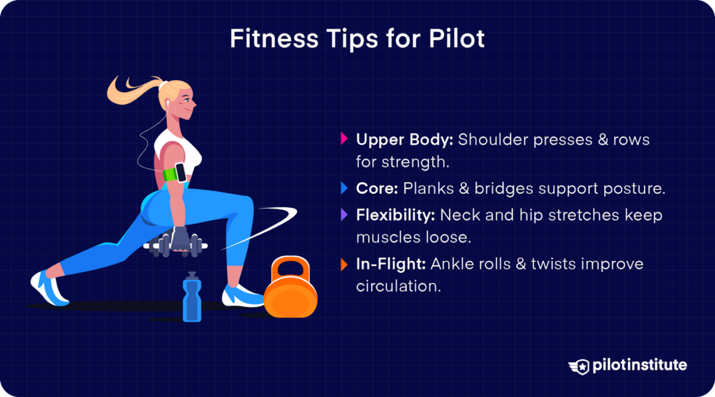 Graphic with pilot fitness tips: upper body, core, flexibility, and in-flight exercises, featuring a pilot illustration and gym equipment.