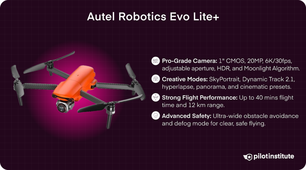 Autel Evo Lite Plus drone with 6K camera, 40-minute flight time, and advanced obstacle avoidance features.