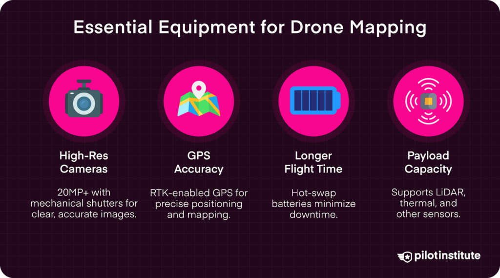 Icons representing essential drone mapping equipment, including high-resolution cameras, GPS accuracy, extended flight time, and payload capacity for advanced sensors.