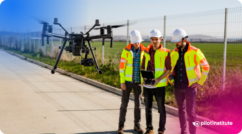 A drone hovers near three construction workers in high-visibility jackets and hard hats, operating a drone with a controller near a fenced worksite.