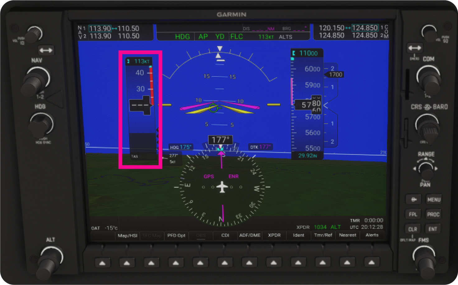 G1000 PFD showing zero airspeed after a pitot inlet blockage.