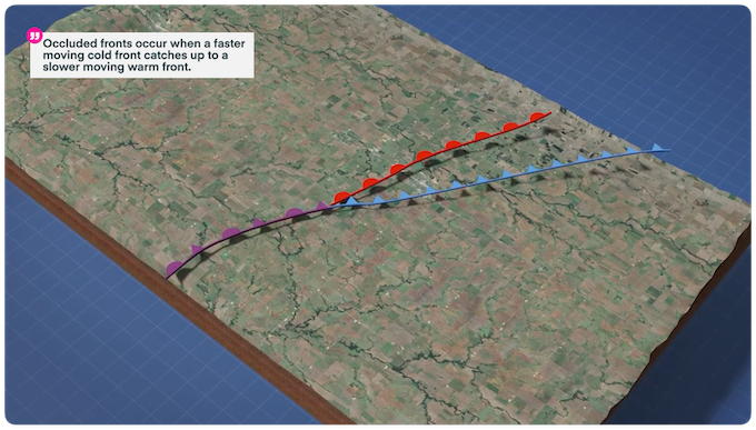 A 3D render depicting an occluded front surface analysis chart symbol, top down view.